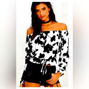 All the Rage Black and Ivory Print Off-the-Shoulder Top